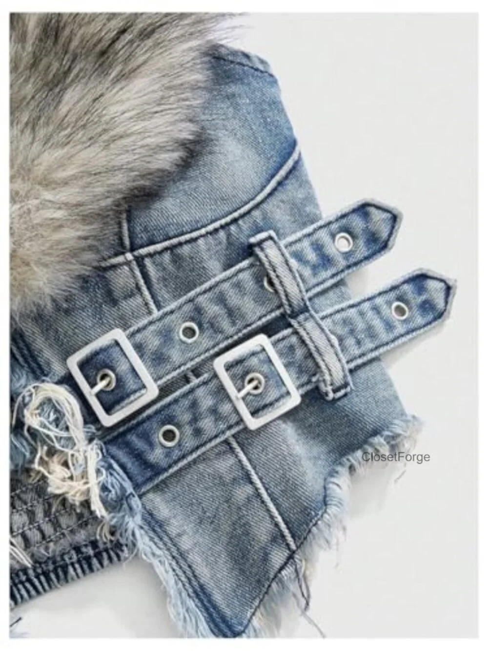 Faux Fur Denim Vest Smocked Open Back Sleeveless Raw Trim Cropped Vest